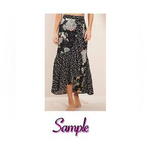 Sharon Max Vintage Black Floral & Polka Dot Ruffle Midi Skirt S